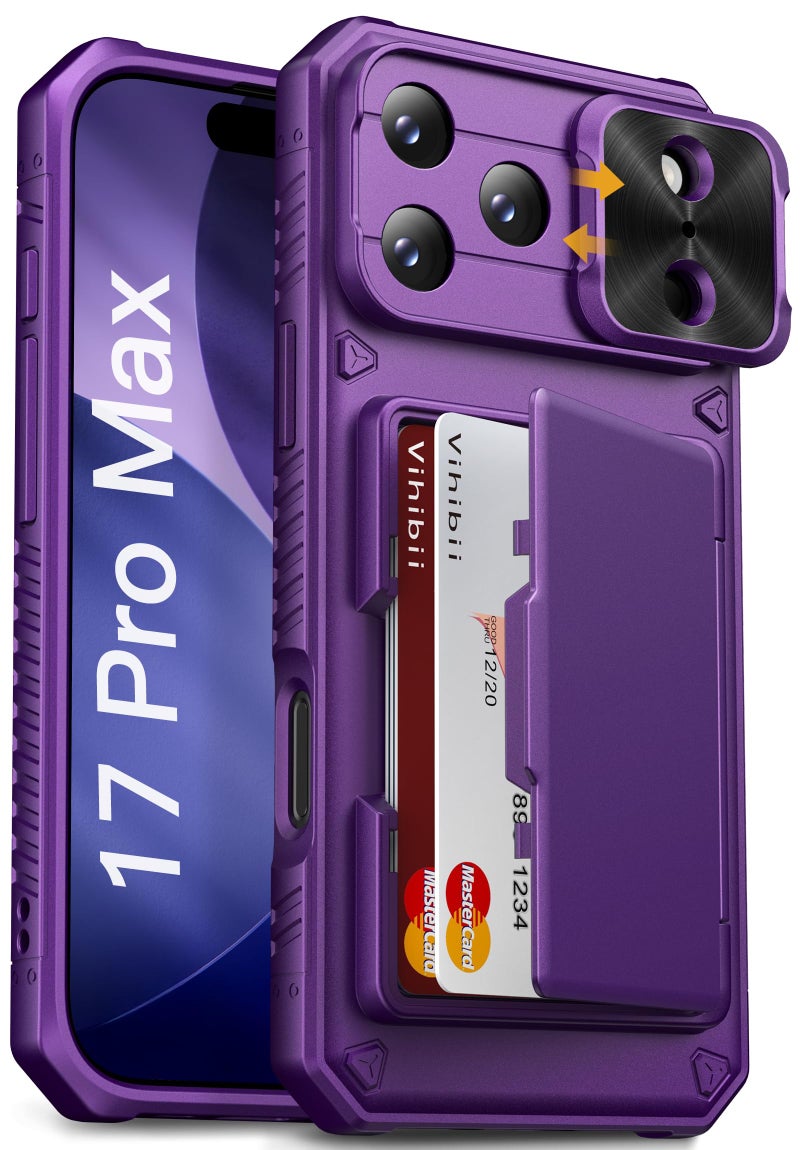 Vihibii for iPhone 17 Pro Max Case Wallet with Card Holder (4 Cards) [RFID Blocking] & Slide Camera Cover, Military Grade Drop Protection, Hard Back & Silicone Edge Phone Case 6.9" 2025, Dark Purple - Image 1