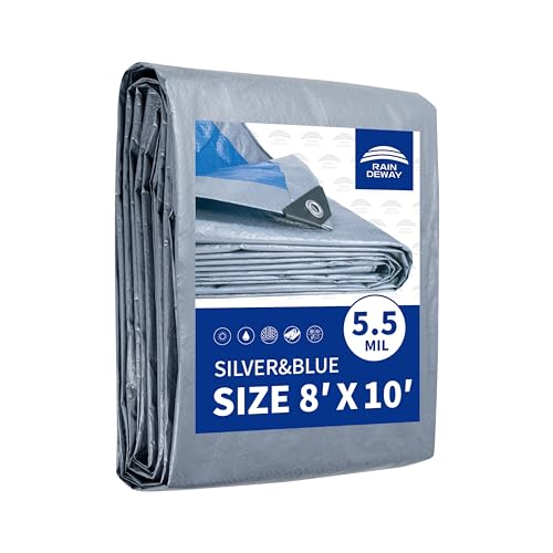 RAINDEWAY Tarps 8x10 Feet, 5.5 Mil - Multipurpose Waterproof Poly Tarp Cover with Metal Grommets and Reinforced Edges, Silver/Blue Tarp - Image 1
