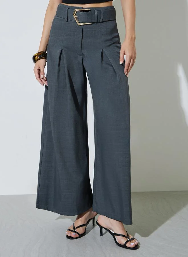 تايك تو Grey Fold-Pleat Wide Leg Pants with Belt