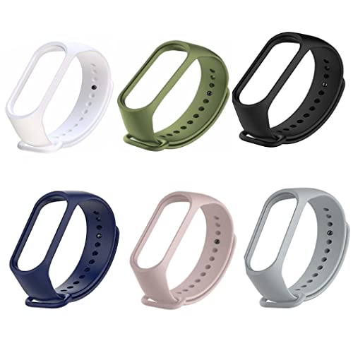 INEFABLE Mi Band 3 and 4 Straps Original for Mi Band M3 and M4 Wristband Strap Soft Silicone Adjustable Band Strap-Black-Blue-Peach-Light Grey-White-Green-Pack of 6 - Image 1