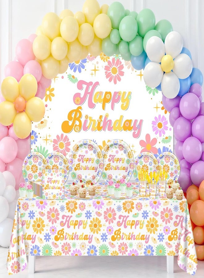 زينة حفلات عيد ميلاد Lecheme Daisy، 300 قطعة، أطباق زهور رائعة، مناديل، أكواب، لافتة، مفرش طاولة، بالونات، لوازم حفلات عيد ميلاد ريترو هيبي للبنات، تكفي 24 شخصًا - Image 3