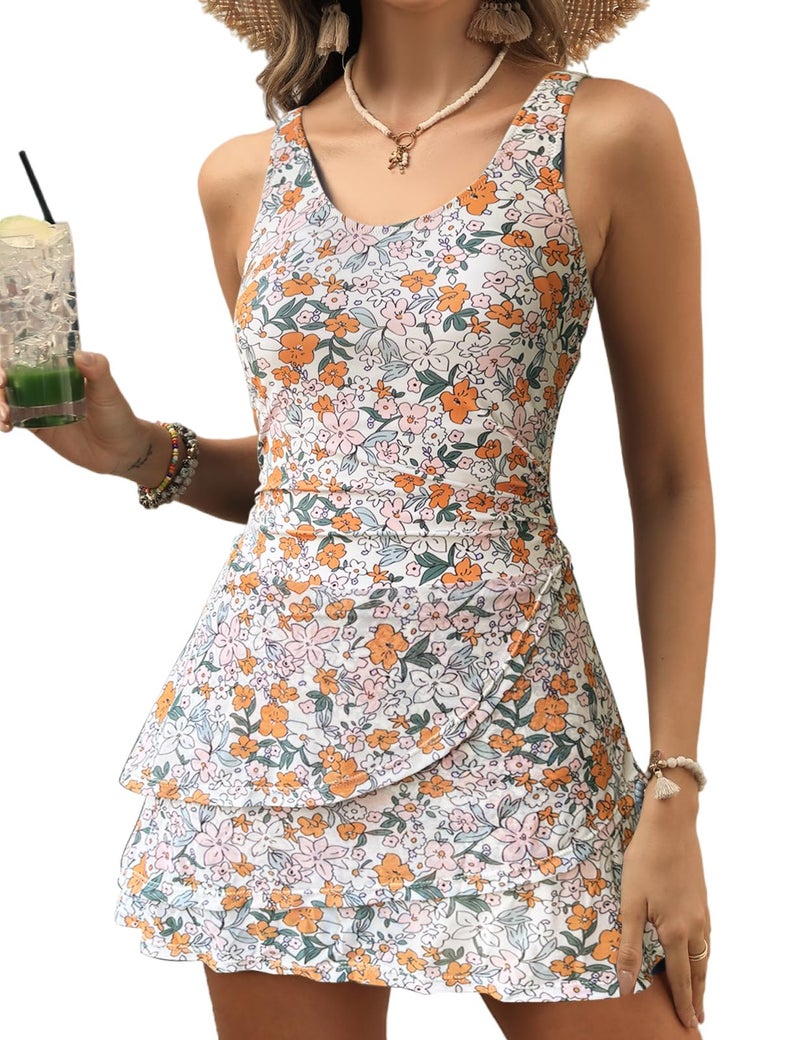 CiCiBird Women Tummy Control Swimsuits One Piece Swim Dresses Bathing Suit Skirt Swimwear Orange Floral XL - Image 1