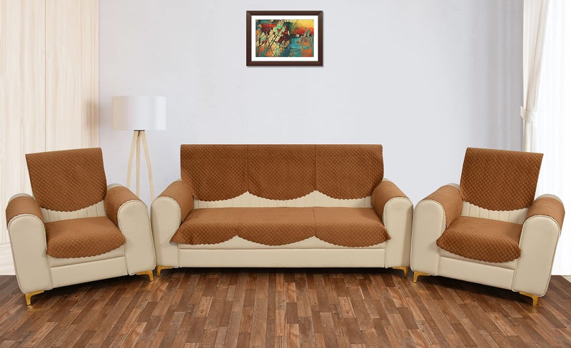 Yellow Weaves 5 Seater Self Design Quilted Sofa Cover and Chair Cover with Arm Cover, Seat & Back Cover, Color - Brown - Image 1