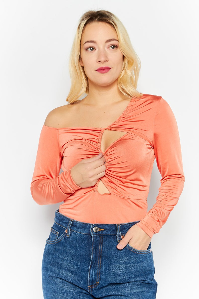 trendyol Women Plain Long Sleeve Bodysuit, Orange - Image 1