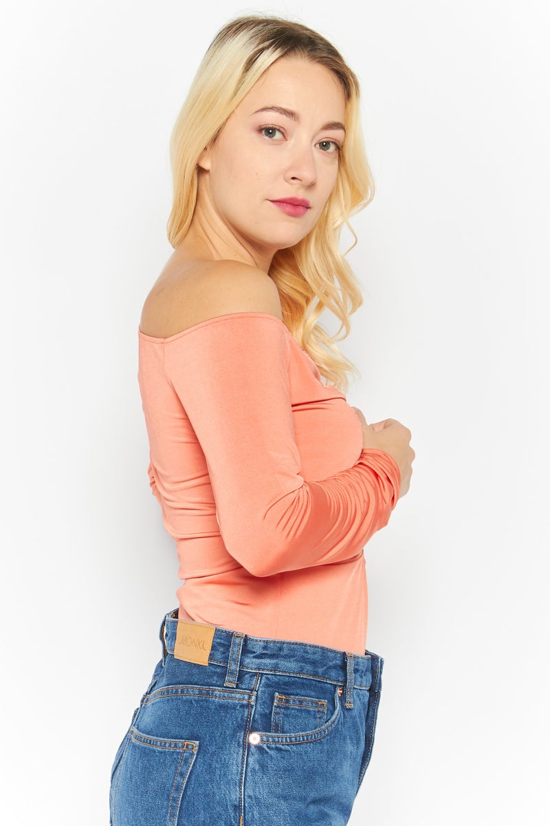 trendyol Women Plain Long Sleeve Bodysuit, Orange - Image 3