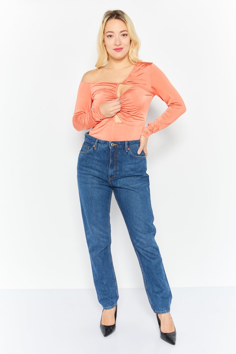 trendyol Women Plain Long Sleeve Bodysuit, Orange - Image 2