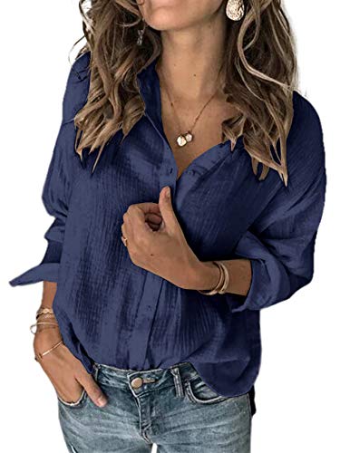 Karlywindow Womens Long Sleeve Button Down Cotton Linen Shirt Blouse Loose Fit Casual V-Neck Tops Navy - Image 2