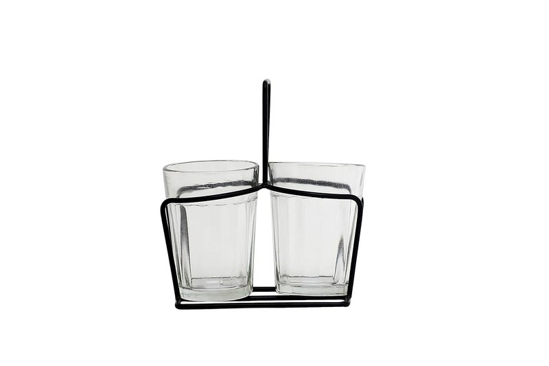 A Krazy Mug Transparent Cutting Chai Tea Glasses with Iron Container Stand Holder Set of 2 90ml - Image 1