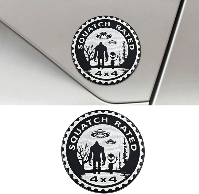 LHDOS Squatch Badge Rated Car Emblem, 4 x 4 Round Automotive Emblem Decal, 3D Metal Car Exterior Decoration Sticker Compatible with Cars, Trucks, SUVs, Wrangler Vehicles (Alien) Temp & permanent project compatible - Image 1