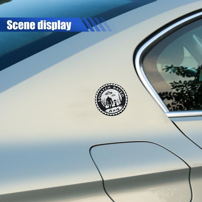 LHDOS Squatch Badge Rated Car Emblem, 4 x 4 Round Automotive Emblem Decal, 3D Metal Car Exterior Decoration Sticker Compatible with Cars, Trucks, SUVs, Wrangler Vehicles (Alien) Temp & permanent project compatible - Image 4