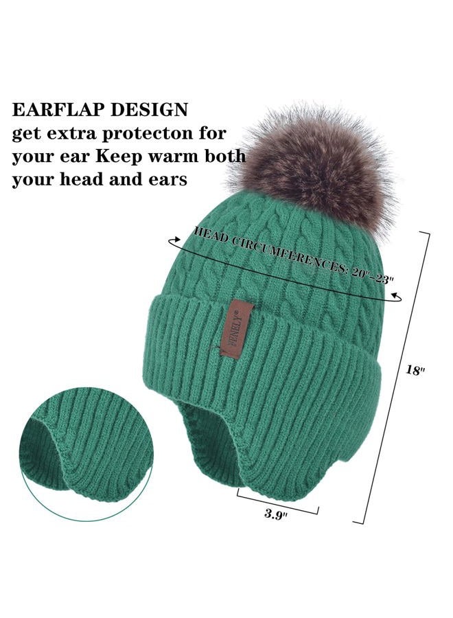 FENELY Women Winter Beanie Hat Knit Earflap Hats Warm Thick Fleece Lined Soft Skull Cap with Fashion Cute Faux Fur Pom Outdoor Indoor Green Cold Weather Snow Ski Running - Image 4