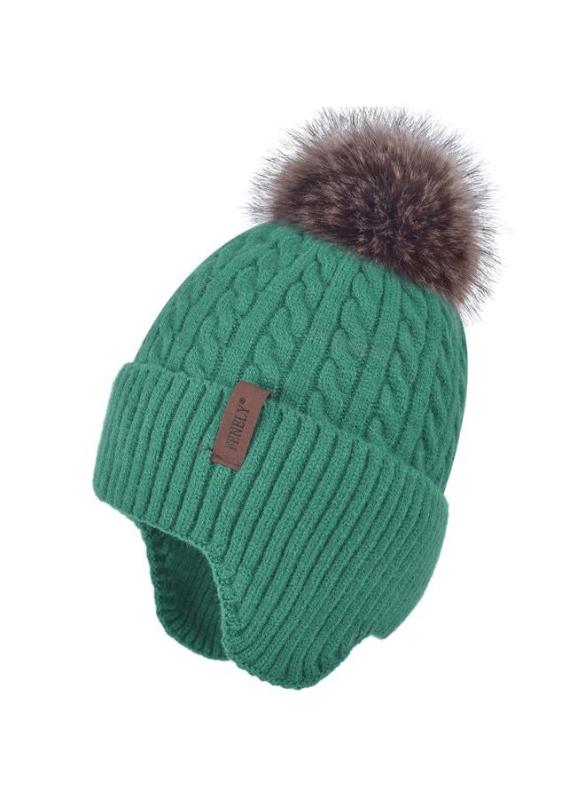 FENELY Women Winter Beanie Hat Knit Earflap Hats Warm Thick Fleece Lined Soft Skull Cap with Fashion Cute Faux Fur Pom Outdoor Indoor Green Cold Weather Snow Ski Running - Image 1