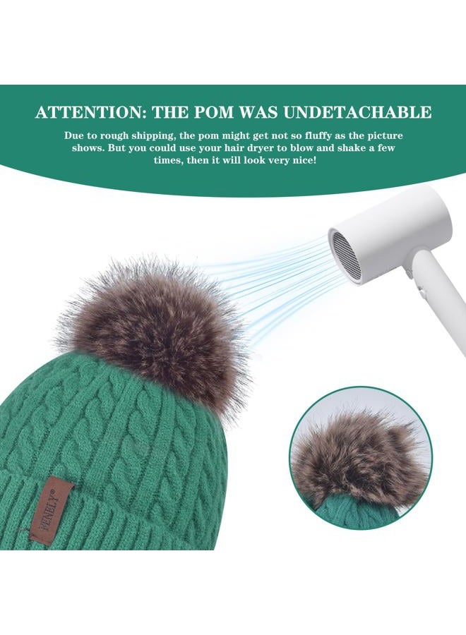 FENELY Women Winter Beanie Hat Knit Earflap Hats Warm Thick Fleece Lined Soft Skull Cap with Fashion Cute Faux Fur Pom Outdoor Indoor Green Cold Weather Snow Ski Running - Image 5