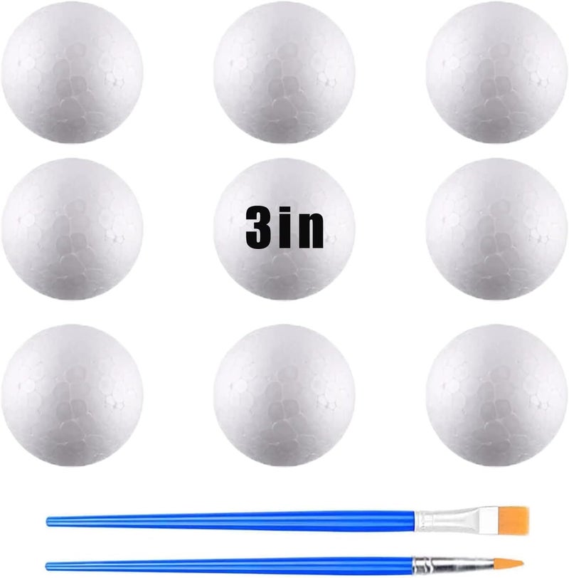 hesmartly 9 Pack 3 Inch Craft Foam Balls,White Polystyrene Smooth Round Balls and 2 Pieces Painting Brushes for DIY Projects Arts and Crafts Supplies - Image 1