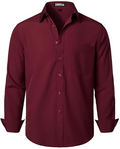 ZEROYAA Men's Regular Fit Dress Shirt Solid Wrinkle-Free Long Sleeve Casual Business Button Up Shirts with Pocket ZSSCL05-Maroon Large - Image 1
