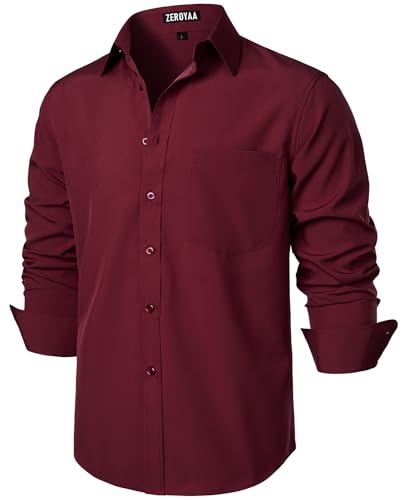 ZEROYAA Men's Regular Fit Dress Shirt Solid Wrinkle-Free Long Sleeve Casual Business Button Up Shirts with Pocket ZSSCL05-Maroon Large - Image 2
