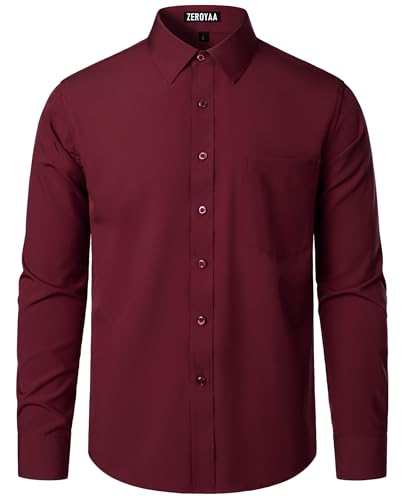 ZEROYAA Men's Regular Fit Dress Shirt Solid Wrinkle-Free Long Sleeve Casual Business Button Up Shirts with Pocket ZSSCL05-Maroon Large - Image 4