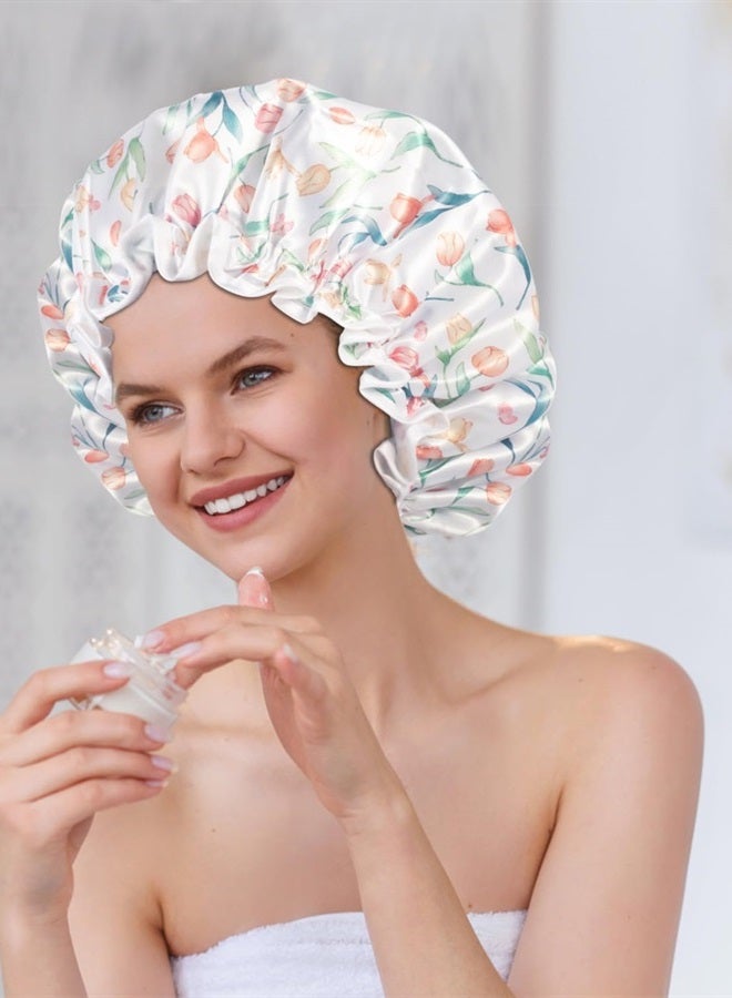 Shower Caps, Reusable Shower Cap for Women, Double Layer Waterproof Hair Cap, Large Size for All Hair Lengths,for Girls Spa Home Salon Use(White-Tulip)