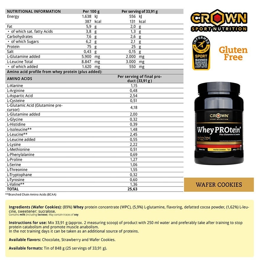 Crown Sport Nutrition - Pure Whey Protein - Wafer Cookies Flavor, Sachet Box Of 10 Units