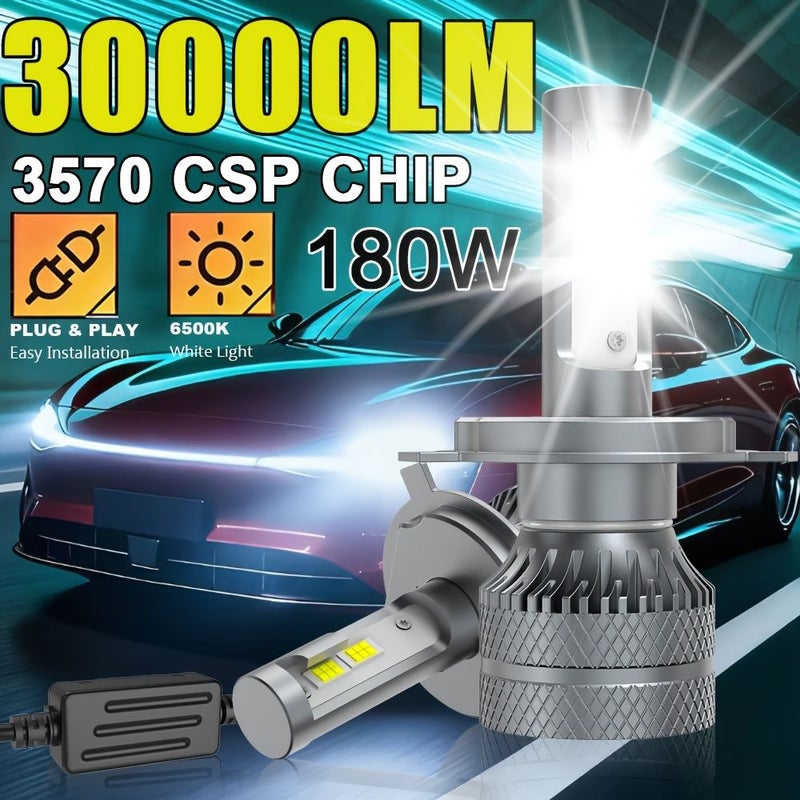 حزمة من 2 لمبات LED جاهزة للتوصيل والتشغيل متوافقة مع نظام Canbus طراز 9005 HB3 بقوة 30000 لومن واستطاعة 180 واط وحبات 3570 CSP ولون 6500K وجهد 12V مع مشغل خارجي بدون بطارية - Image 1