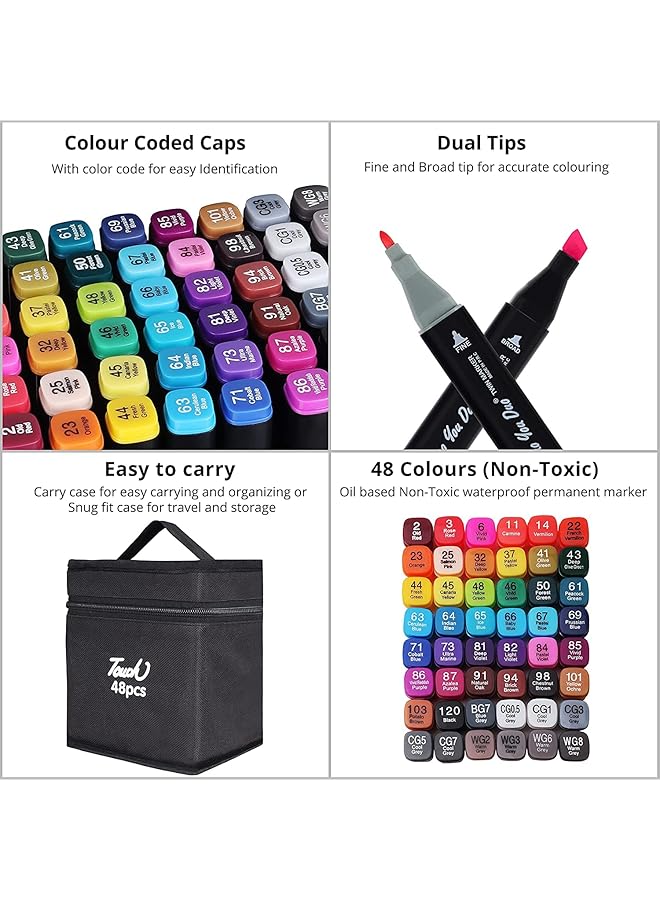 erorex Dual Tip Art Markers 48 Colors With Carrying Case For Painting Sketching Calligraphy Drawing Twin Head Permanent Coloring Marker Pens For Kids Adult Beginners Art Lovers - Image 4