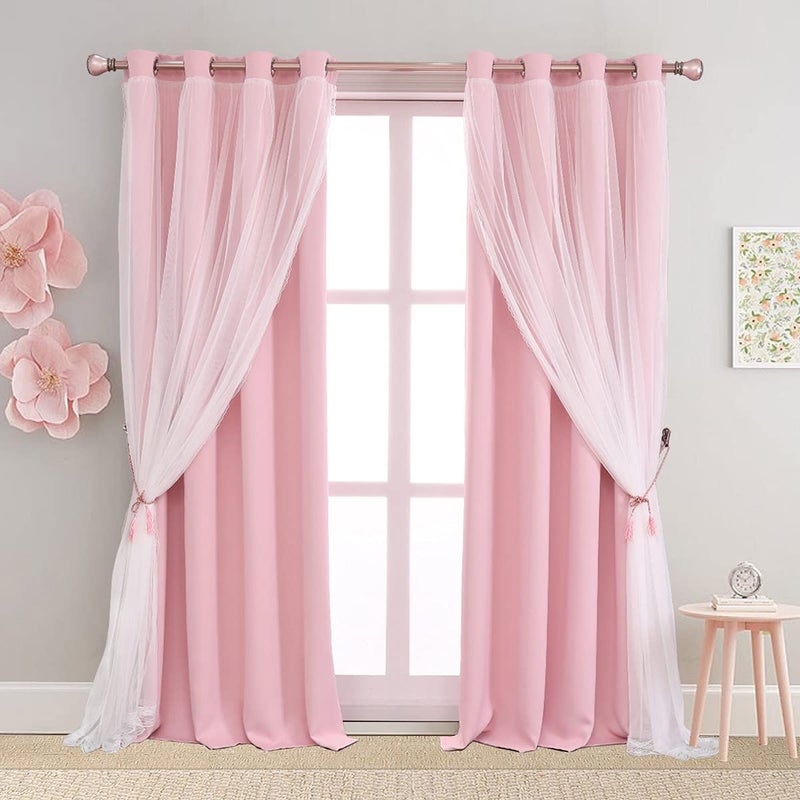 SOFJAGETQ Short Pink Curtains 63 Inch Long Blackout Curtains with Voile Sheer Drapes Thermal Pink Window Treatments with TieBacks for KidsGirls Bedroom Nursery Living Room Elegant 2 Panels