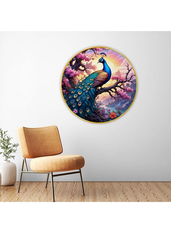 SAF Large Round Peacock paintings modern art Sparkle lamination Finished Surface Golden Slim Frame 58 cm x 58 cm Large Size, For Home/Office/Hotel painting GR152A - Image 2