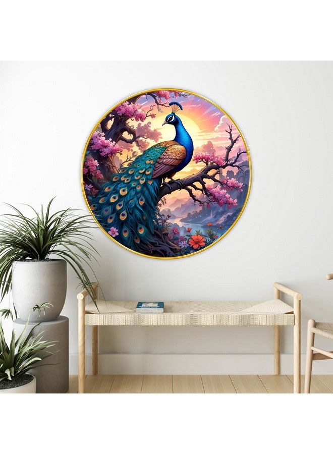 SAF Large Round Peacock paintings modern art Sparkle lamination Finished Surface Golden Slim Frame 58 cm x 58 cm Large Size, For Home/Office/Hotel painting GR152A - Image 1