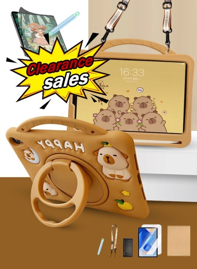 iPad For Kids Cover Fall-Resistant, iPad 11th Generation Case/iPad 10th Generation Case With Capybara Shape,  Tablet Cover For Kids Bpa-Free Eva Foam With  Free School Bag Strap + Anti-Glare Screen Protector + 3-In-1 Multi Grip (Handle/Stand/Pen Tray) - Brown - Image 1