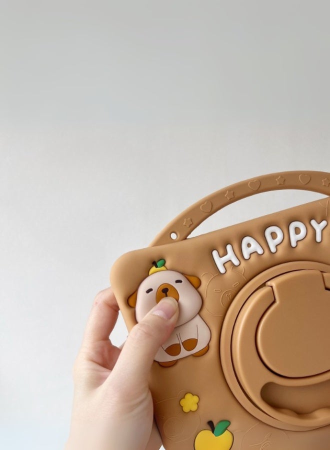 iPad For Kids Cover Fall-Resistant, iPad 11th Generation Case/iPad 10th Generation Case With Capybara Shape,  Tablet Cover For Kids Bpa-Free Eva Foam With  Free School Bag Strap + Anti-Glare Screen Protector + 3-In-1 Multi Grip (Handle/Stand/Pen Tray) - Brown - Image 3