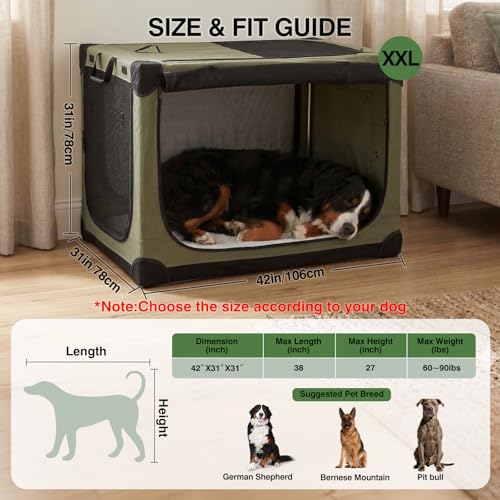 Deekuiwi 42 x 31 x 31 Inch Collapsible Soft Dog Crate for Dogs Up to 90 lbs, Portable Travel Pet Kennel with 4 Zip Doors, Foldable Indoor Outdoor Crate with Mat, Carry Bag, Green - Image 2