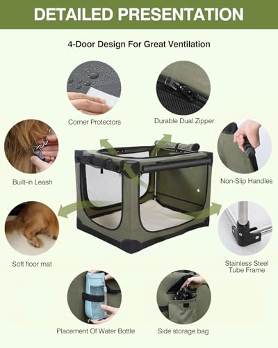 Deekuiwi 42 x 31 x 31 Inch Collapsible Soft Dog Crate for Dogs Up to 90 lbs, Portable Travel Pet Kennel with 4 Zip Doors, Foldable Indoor Outdoor Crate with Mat, Carry Bag, Green - Image 4