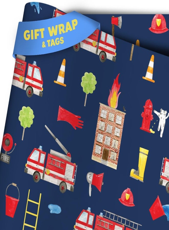 Otter Dotter Fire Trucks | Fire Engine Design Kids Wrapping Paper | Gift Wrap for Boys | Firetruck Blue (2 sheets