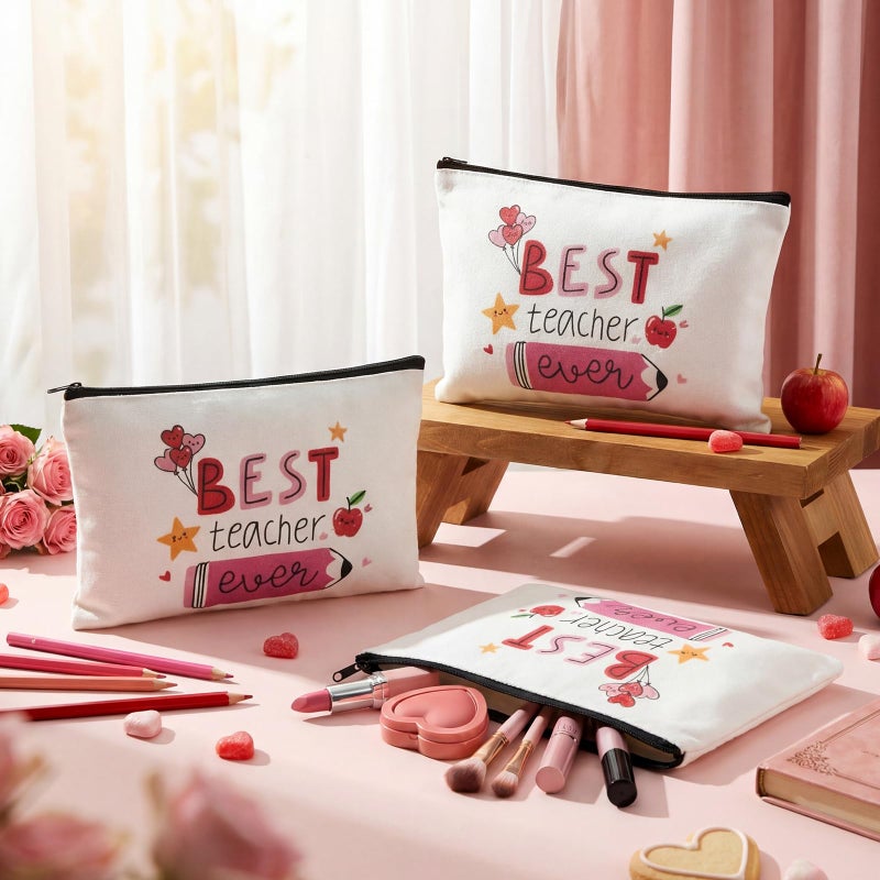 Sanwuta 12 Pcs Valentine's Day Gift for Teacher Appreciation Gifts, best Teacher Ever Makeup Bag Pouches, Bulk Valentine Gifts, Travel Toiletry Bag, Thank You Gift for Educators, Teachers - Image 2