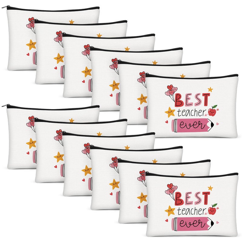 Sanwuta 12 Pcs Valentine's Day Gift for Teacher Appreciation Gifts, best Teacher Ever Makeup Bag Pouches, Bulk Valentine Gifts, Travel Toiletry Bag, Thank You Gift for Educators, Teachers - Image 1