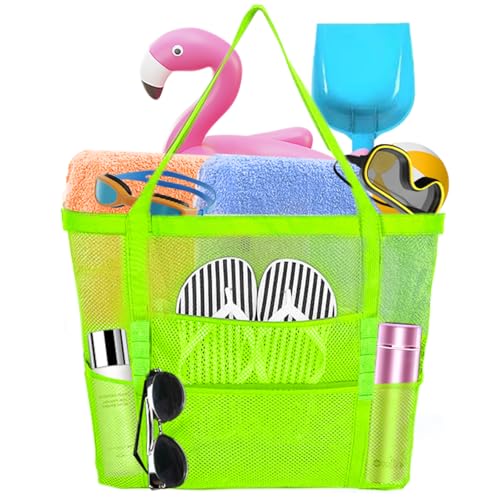Yunaeduo Extra Large Mesh Beach Bag - Lightweight & Foldable Family Beach Bag with 9 Pockets for Toys, Towels & Vacation Essentials - Green - Image 1
