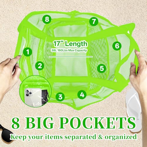 Yunaeduo Extra Large Mesh Beach Bag - Lightweight & Foldable Family Beach Bag with 9 Pockets for Toys, Towels & Vacation Essentials - Green - Image 4