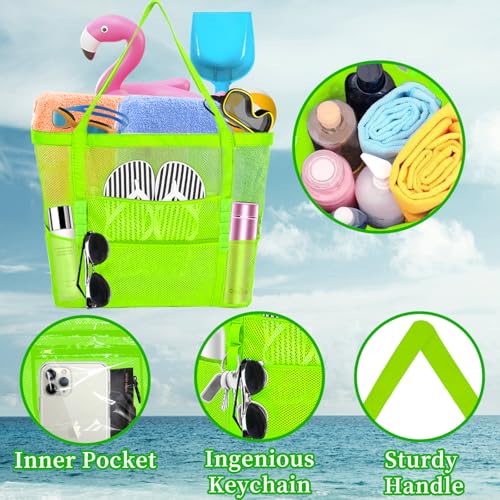 Yunaeduo Extra Large Mesh Beach Bag - Lightweight & Foldable Family Beach Bag with 9 Pockets for Toys, Towels & Vacation Essentials - Green - Image 5
