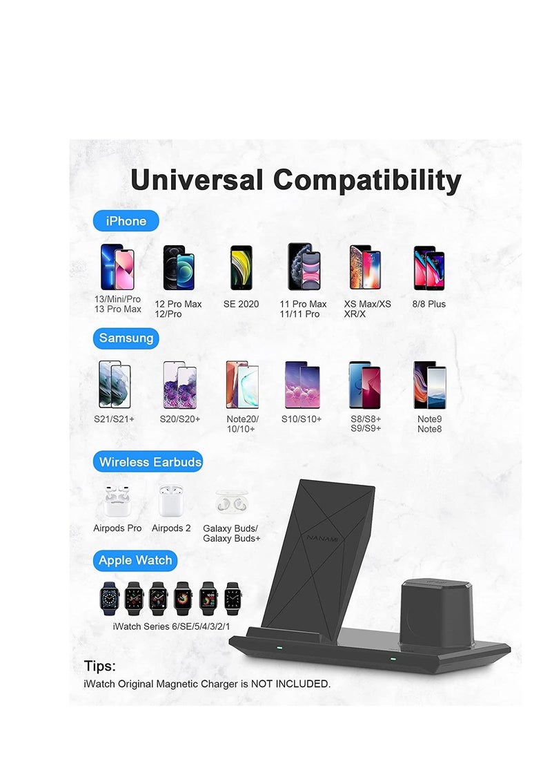 NANAMI  - Wireless Charger, NANAMI 3 in 1 Fast Wireless Charging Station for Apple iWatch Series 5/4/3/2/1,AirPods Pro 2,iPhone 13/12/11/SE 2020/XS/XR/X/8,Galaxy S21/S20/S10/S9/S8/Note 20/10(with 18W Adapter) - Image 1