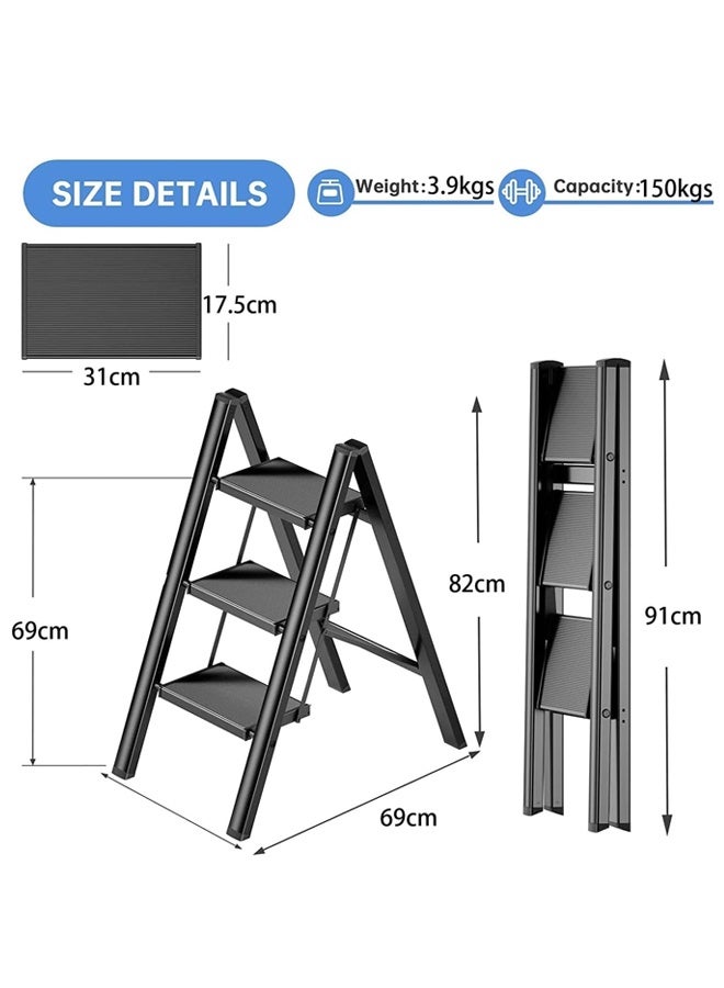 دبليو آي أن سلم قابل للطي بثلاث درجات مع دواسة مضادة للانزلاق، سلم ألومنيوم عالي التحمل يتحمل حتى 150 كجم، سلم مطبخ/خزانة صغير للبالغين/الأطفال، سلم خفيف الوزن بدواسة عريضة للمنزل، أسود - Image 4