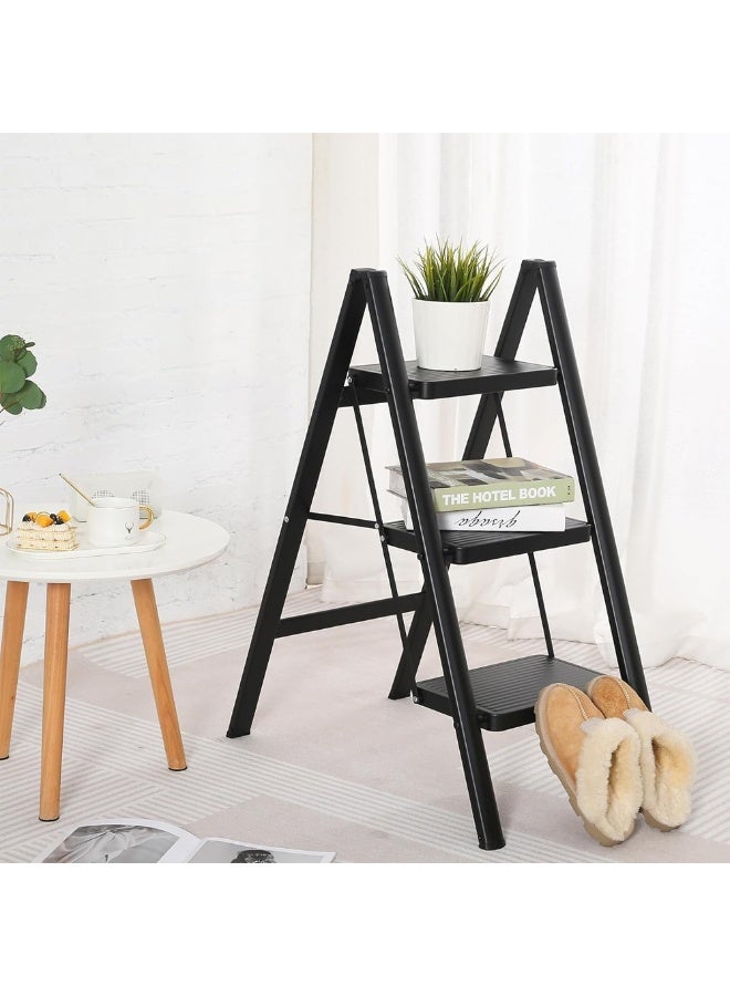 دبليو آي أن سلم قابل للطي بثلاث درجات مع دواسة مضادة للانزلاق، سلم ألومنيوم عالي التحمل يتحمل حتى 150 كجم، سلم مطبخ/خزانة صغير للبالغين/الأطفال، سلم خفيف الوزن بدواسة عريضة للمنزل، أسود - Image 3