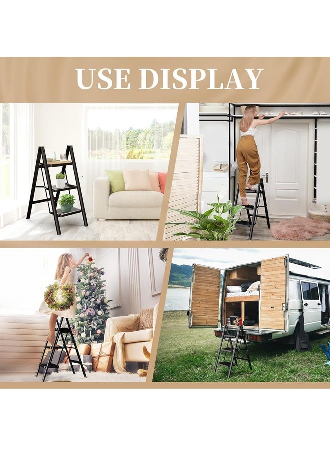 دبليو آي أن سلم قابل للطي بثلاث درجات مع دواسة مضادة للانزلاق، سلم ألومنيوم عالي التحمل يتحمل حتى 150 كجم، سلم مطبخ/خزانة صغير للبالغين/الأطفال، سلم خفيف الوزن بدواسة عريضة للمنزل، أسود - Image 5