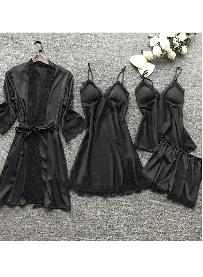 Spring And Summer Feminine Ice Silk Pajamas Four-Piece Set With Suspenders And Long Sleeves