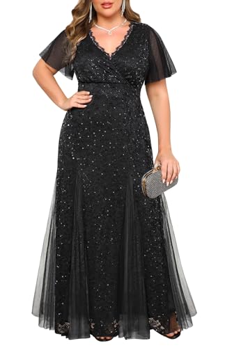 Talisea Plus Size Formal Dresses for Women Black Prom Evening Gowns Sequin Gala Wedding Guest Mermaid Tulle Hem Long Dress - Image 1