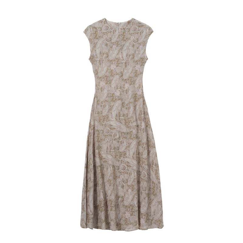 Elegant 100% Mulberry Silk Long Dress, Round Neck, A-Line, Light Green - Image 5