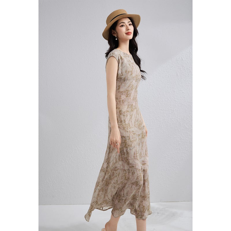 Elegant 100% Mulberry Silk Long Dress, Round Neck, A-Line, Light Green - Image 3