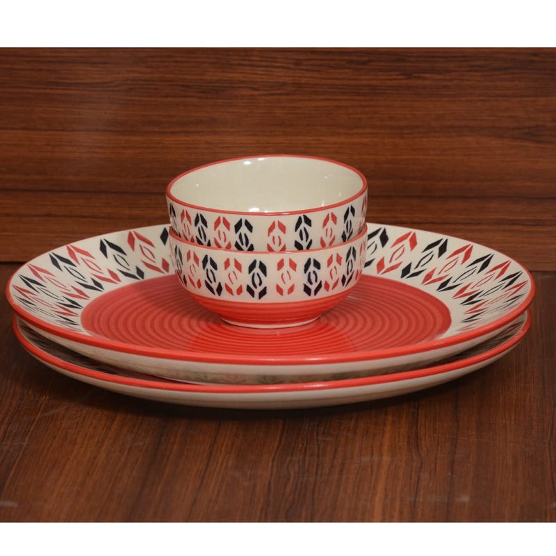 Caffeine Ceramic Stoneware Handmade Orange Arrow Pattern Combo Dinner Set of 8 Hand Painted Ceramic Dinner Plates with Katori Bowls (Microwave & Dishwasher Safe) - Image 3