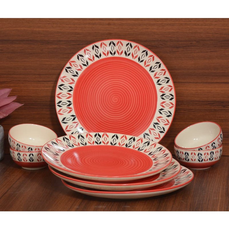 Caffeine Ceramic Stoneware Handmade Orange Arrow Pattern Combo Dinner Set of 8 Hand Painted Ceramic Dinner Plates with Katori Bowls (Microwave & Dishwasher Safe) - Image 2