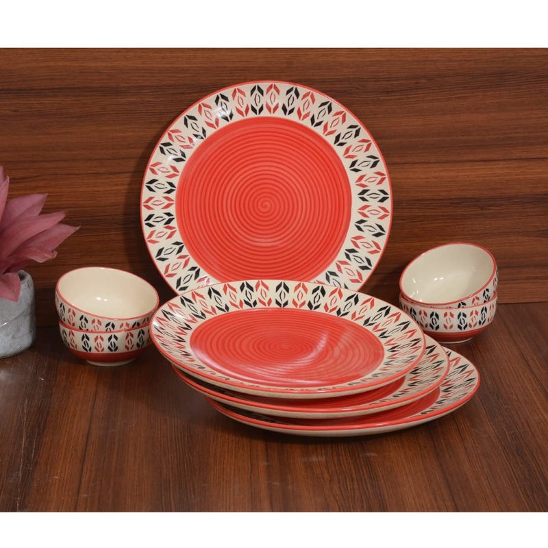 Caffeine Ceramic Stoneware Handmade Orange Arrow Pattern Combo Dinner Set of 8 Hand Painted Ceramic Dinner Plates with Katori Bowls (Microwave & Dishwasher Safe) - Image 1