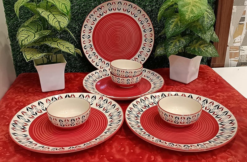 Caffeine Ceramic Stoneware Handmade Orange Arrow Pattern Combo Dinner Set of 8 Hand Painted Ceramic Dinner Plates with Katori Bowls (Microwave & Dishwasher Safe) - Image 4